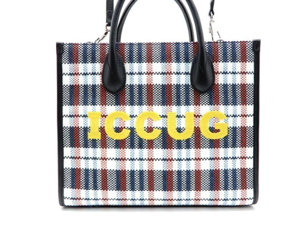 Gucci Multicolor Check ICCUG Logo Faux Raffia Tote Bag plaid yellow